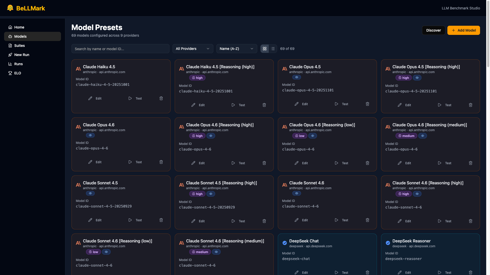 BeLLMark model configuration page